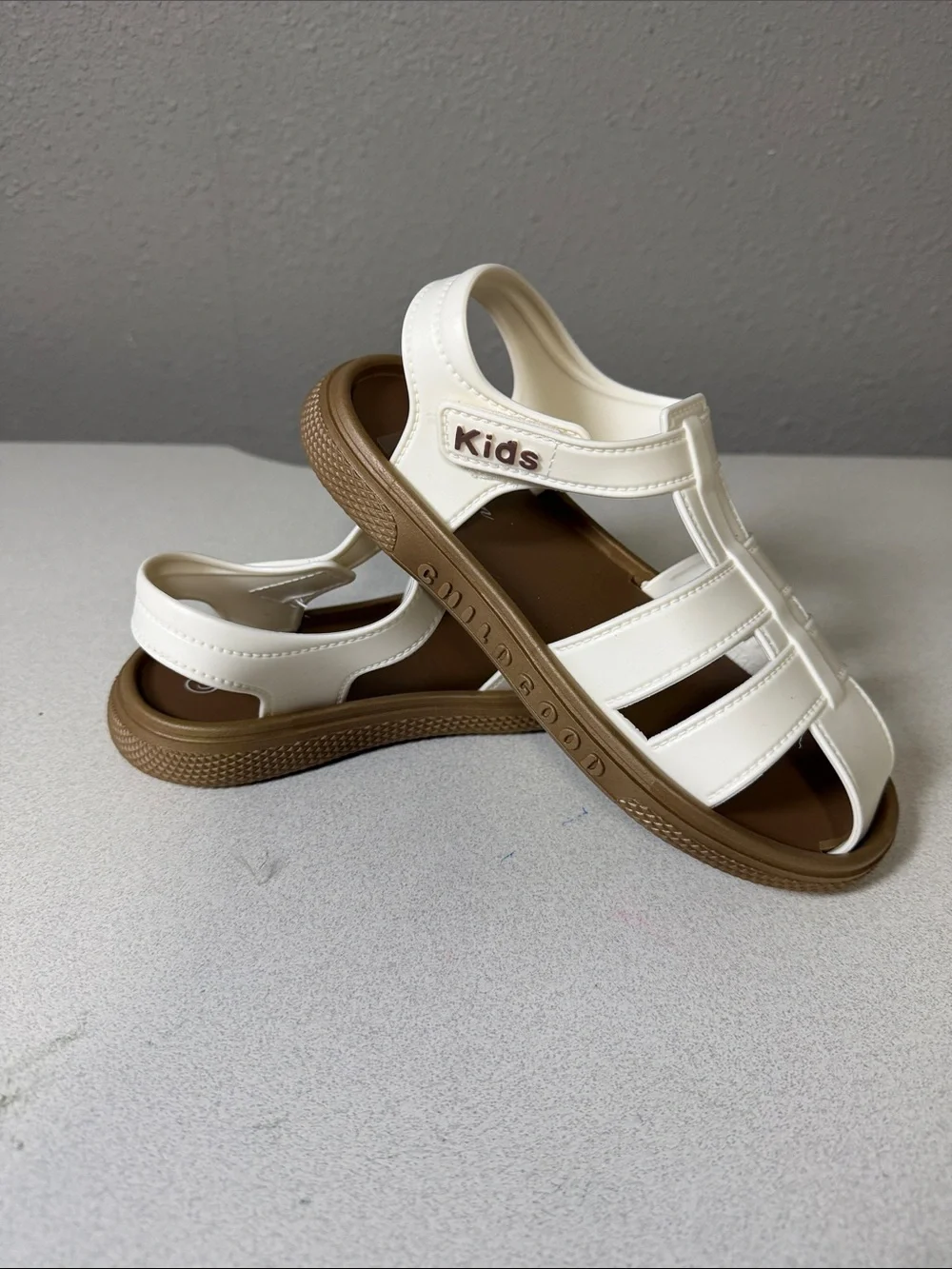 Kids Cream Closed-Toe Sandals with Brown Sole - Secure Hook & Loop